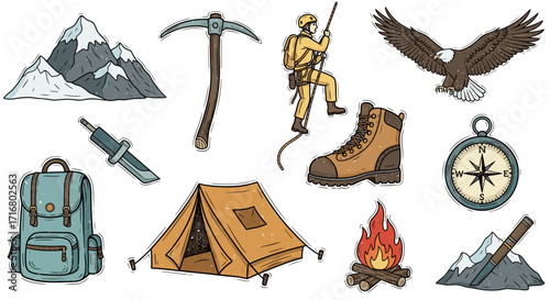 Collection of hand drawn outdoor adventure and camping equipment illustrations on a black background