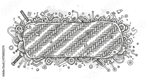 Abstract grunge banner with intricate mechanical doodle elements and a textured black copy space