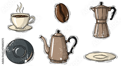 Vintage coffee collection featuring a steaming cup coffee bean moka pot and two serving pots