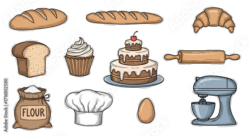 Collection of hand drawn baking ingredients and pastries with kitchen tools on a black background