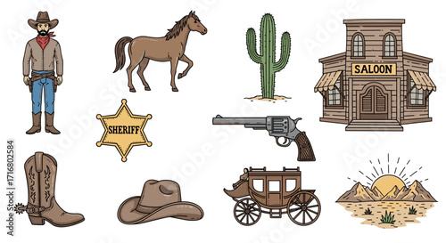 Collection of wild west cowboy elements including a sheriff badge horse saloon and desert landscape