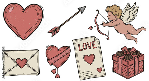 Hand drawn valentine s day elements featuring cupid s arrow hearts love letter envelope and gift box