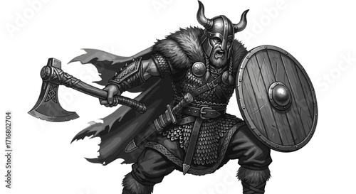 Fierce viking warrior with horned helmet and battle axe ready for combat