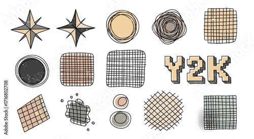Collection of y2k aesthetic graphic elements including compass roses circles grids and text on black background
