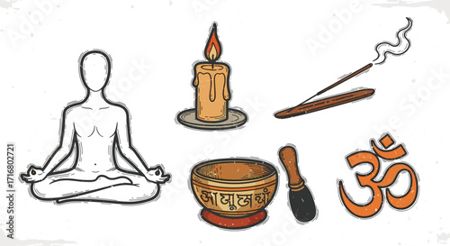 Zen meditation and spiritual symbols including om singing bowl candle incense and yoga silhouette
