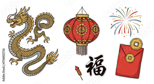 Golden chinese dragon lantern firecrackers red envelope and fu symbol for lunar new year celebration