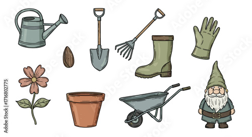 Charming garden gnome and essential tools for planting flowers and vegetables in the spring