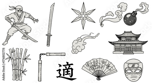 Collection of japanese ninja warrior symbols and icons on black background
