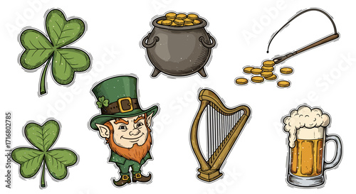 St patricks day symbols collection with leprechaun pot of gold harp shamrocks and beer