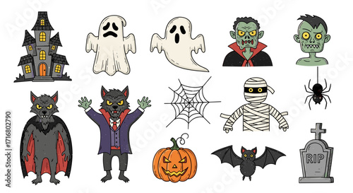 Collection of spooky halloween characters and icons including a haunted house ghosts vampires zombies werewolf mummy pumpkin bat spider and tombstone