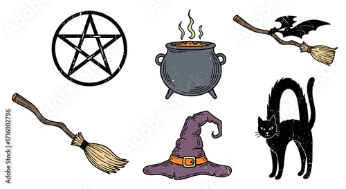 Whimsical halloween illustration featuring a bubbling cauldron witch hat brooms and glowing cat eyes on a dark background