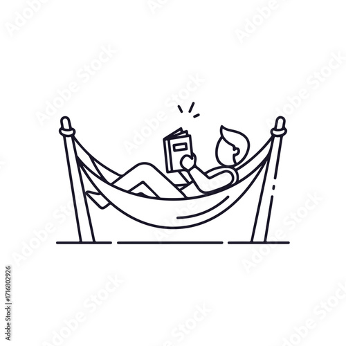 Hammock reading illustrated with person reading book in hammock. This hammock reading conveys relaxation, comfort, and leisure time. Enjoy hammock reading as ideal way to spend carefree afternoons.