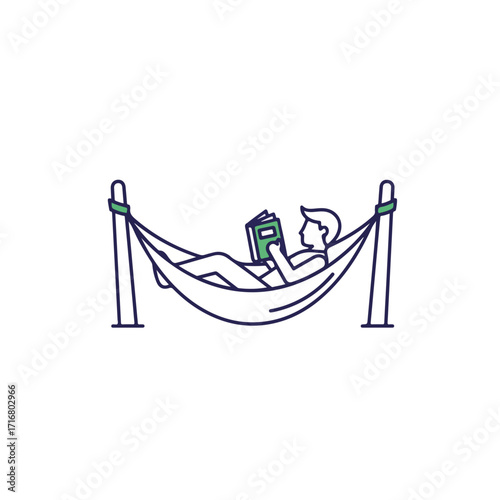 Hammock reading scene with man relaxing outdoors in swinging canvas bed. Enjoy hammock reading, person lounges comfortably, immersed in book's narrative.