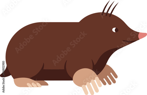 A digital illustration depicting a European mole in a pixel art style. The mole is brown with visible claws and a pink nose.
