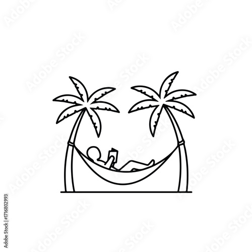 Hammock reading showing person between palms in simplistic line illustration. Concept of hammock reading in relaxing, tropical setting.