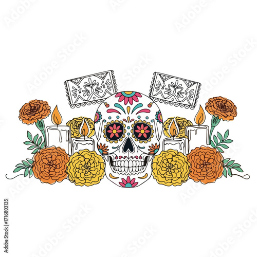 Day of the dead composition featuring sugar skull, candles and marigolds for traditional mexican holiday. Day of the dead symbolic elements evoke celebration and remembrance.