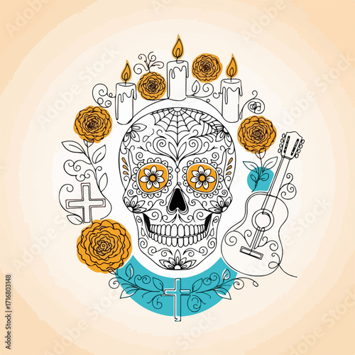 Day of the dead illustration with skull, guitar, candles, and flowers. Day of the dead celebration includes sugar skull with floral ornaments, candles, and guitar, honoring departed souls.