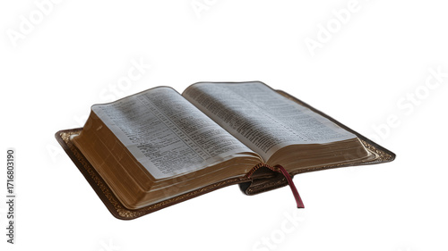 An open book with a red bookmark.