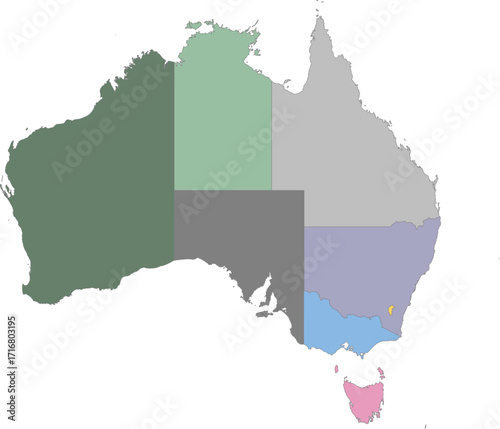 Fully editable multicolors vector map of Australia, showing all states and territories.