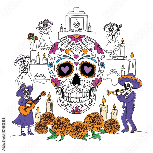 Day of the dead scene featuring sugar skull surrounded by musicians and candles, creating festive atmosphere. Day of the dead illustration includes altar with offerings,