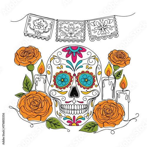 Day of the dead composition with sugar skull, candles, and cempasúchil offers symbolic decoration for remembering loved ones. Day of the dead is a traditional Mexican holiday,