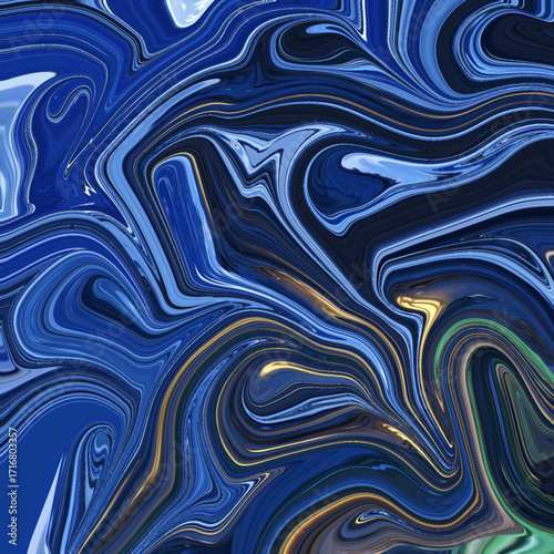Dynamic fluid abstract art in deep blue with gold accents, creating a marble-like, modern, and luxurious design. Keywords: abstract, dynamic, marble, fluid, luxurious.
