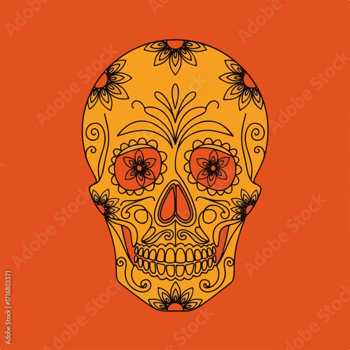 Day of the dead skull with traditional floral designs on orange background for celebration. Day of the dead concept features ornamented cranium and intricate decorations.