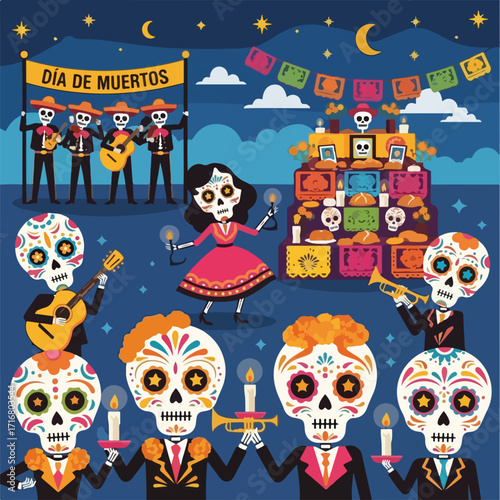 Day of the dead illustration shows skeletons, candles, and offerings at night. day of the dead traditions include colorful decorations, musical instruments, and ancestral veneration.