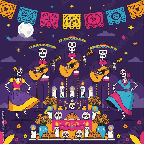 Day of the dead celebration with skeletons playing guitars under moonlight. This day of the dead setup includes traditional decorations, altar with candles, and dancing skeletons.