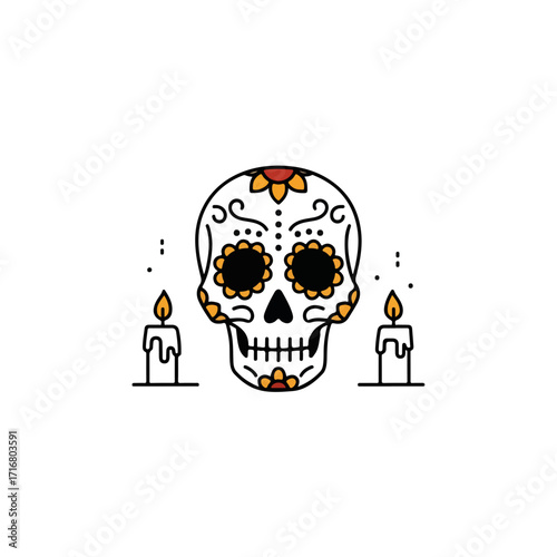 Day of the dead sugar skull with candles, minimal outline drawing. Day of the dead celebration represented in simple linear art.
