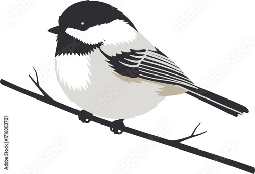 A digital illustration of a black-capped chickadee perched on a thin branch. The bird is depicted in a pixel art style, with distinct black, white, and gray pixels forming its plumage.