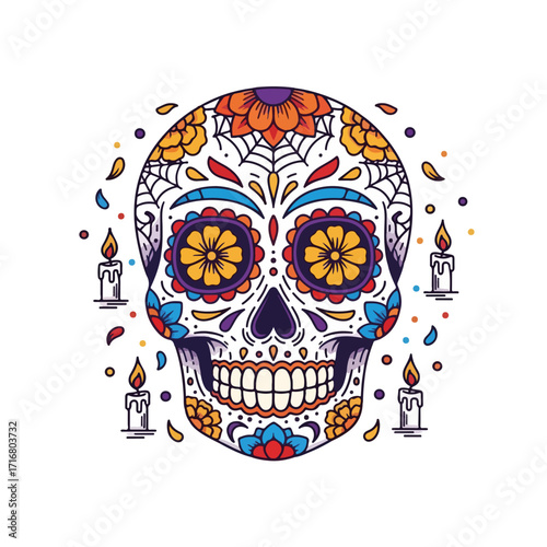 Day of Dead sugar skull with colorful floral design and lit candles.  Sugar skull illustration features intricate floral patterns, spiderweb details, and burning candles.