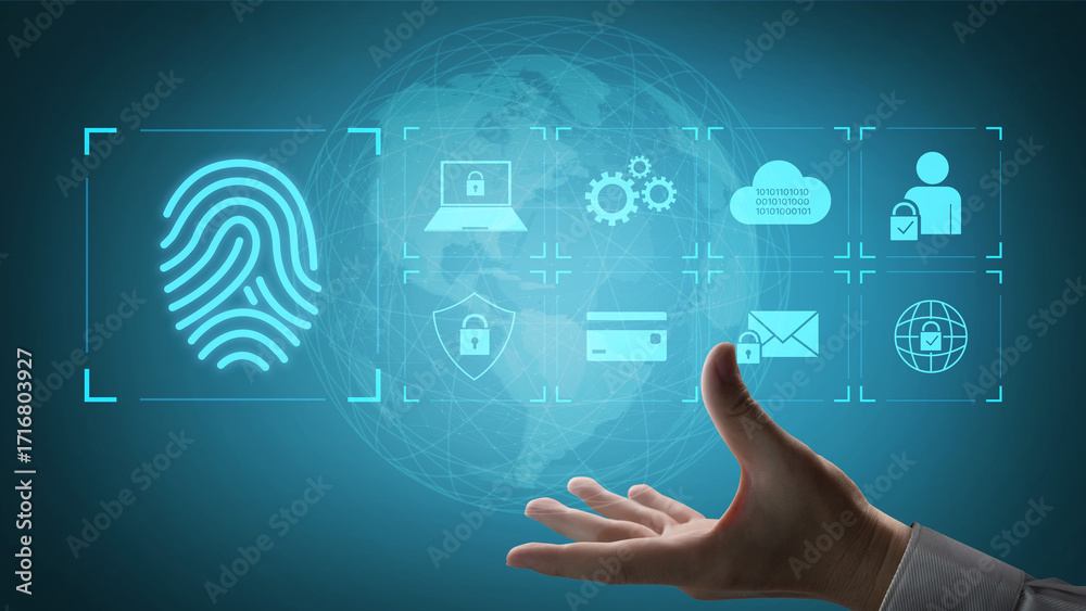 Naklejka premium System for safeguarding digital identity using fingerprint authentication, encryption, and secure access protocols across cloud, device, and personal data environments Vouch