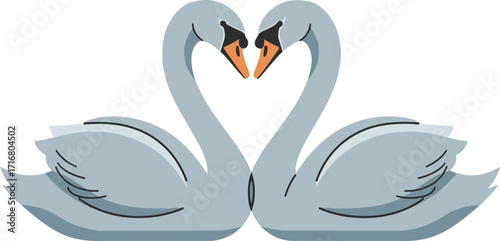 A digital illustration depicts two gray swans positioned to create a heart shape with their necks. 