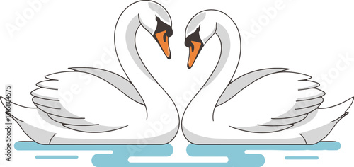 a  stylized illustration depicts two white swans facing each other on calm water, their necks gracefully intertwined. The illustration uses a simplified, almost pixelated art style.