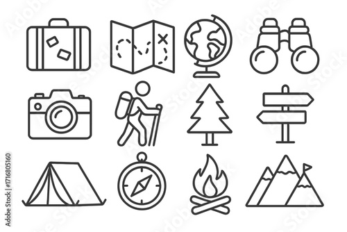 Adventure travel and camping icon set. Vector line art symbols for exploration, hiking, and outdoor activities. Navigation and nature elements for web and mobile design.