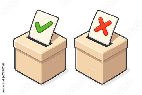 Ballot box 3d vector icon set for voting, election and decision making. Yes and no choice with check and cross marks. Approve or reject symbol. Cartoon poll illustration.