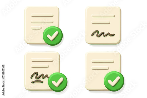3D document icon set with signature and check mark. Vector for concepts like approved contract, signed agreement, completed task, verification, and successful business deal.