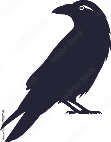 A detailed pixel art illustration of a raven, perched and facing right. Its sleek, black feathers are rendered with subtle shading, creating a sense of depth and texture within the pixelated style.