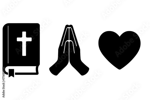 Christian faith vector icon set. Read bible, pray to God, and love. Holy book, praying hands, heart symbols. Religious illustration for church, spirituality, worship, hope, gospel.
