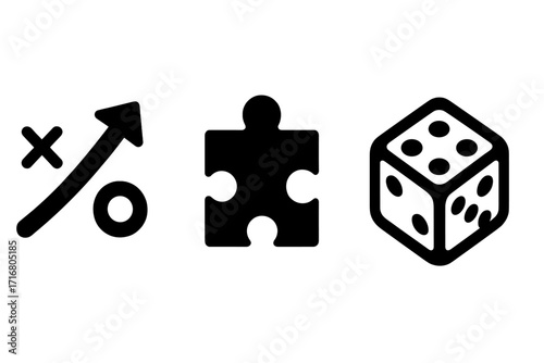 Board game icon set with strategy, puzzle, and dice symbols. Vector collection for concepts of planning, tactics, solution, chance, and entertainment in bold silhouette style.