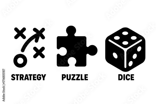 Board game icons collection. Strategy, puzzle, and dice in bold silhouette. Vector set for gaming concepts. Tactic plan, logic problem, and chance luck symbols for entertainment.