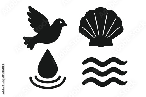 Christian baptism symbols silhouette collection. Vector icons for christening and religious events. Includes dove of peace, shell, water drop, and waves. Holy spirit graphic set.