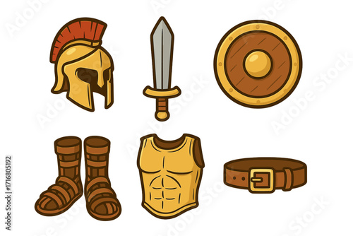 Ancient Roman soldier armor vector icon set. Cartoon illustration of gladiator helmet, sword, shield, sandals, and belt. Greek Spartan warrior equipment for battle.