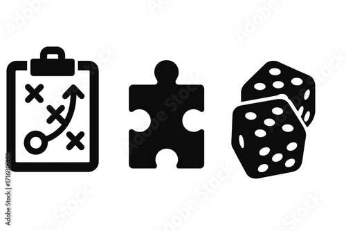Board game icon set. Strategy clipboard, puzzle piece, dice. Concept of tactics, planning, chance, luck, and problem-solving. Vector silhouette collection for tabletop games.