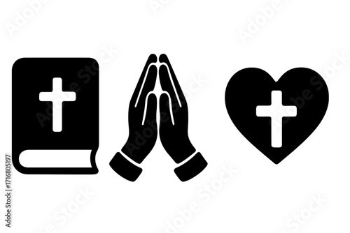 Christian faith symbols icon set. Bible for scripture, praying hands for prayer, and heart with cross for God's love. Religious vector silhouette graphic illustration.