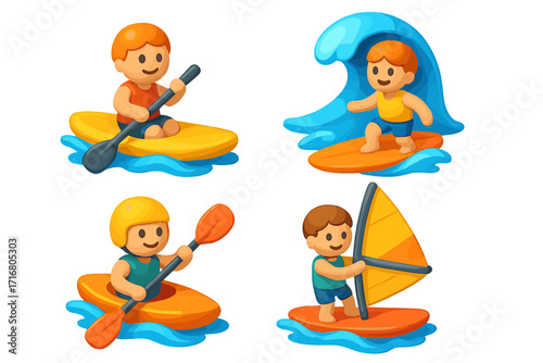 3D water sports icons set. Cartoon vector illustration of people surfing, kayaking, canoeing, and windsurfing. Summer vacation ocean activities collection for web design.
