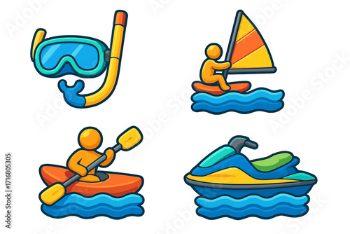 Water sports icon set for summer vacation. Vector cartoon illustration of snorkeling mask, kayak, windsurfing, and jet ski. Sea recreation and leisure activity symbols.