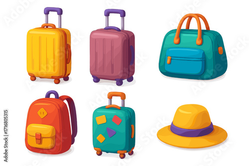3D travel luggage icon set for vacation and tourism. Colorful cartoon vector illustration of suitcase, bag, backpack, and hat. Baggage collection for journey design elements.