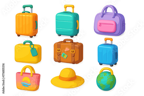 Colorful 3d luggage icon set for travel and vacation themes. Vector cartoon illustration of various bags, suitcases, a globe, and a summer hat. Tourism and journey concept.